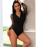 Black Deep V Bodysuit – Mesh Netting Sleeves, Back Zipper & Snap Crotch - TeaseFashion