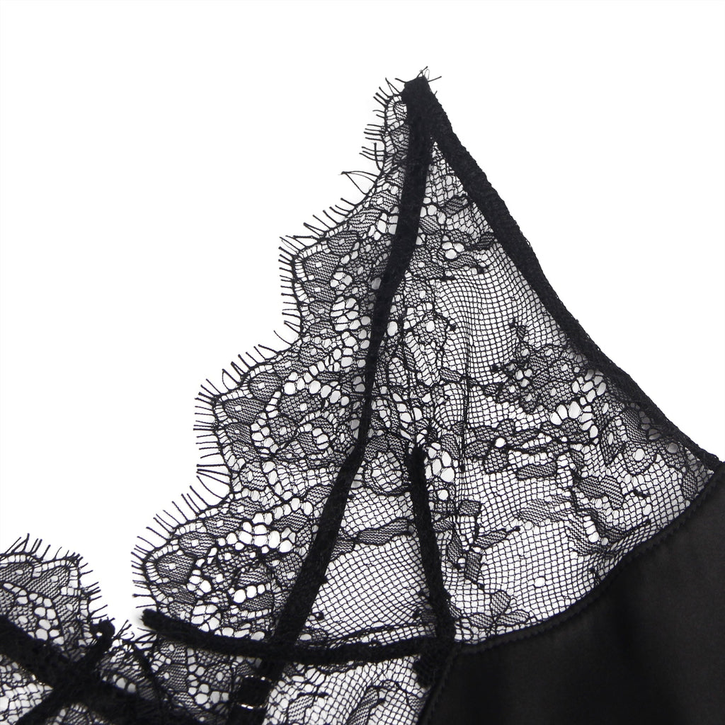 Black Deep V - Neck Babydoll with Eyelash Lace Chest Panel, Crisscross Open Back & Adjustable Straps - TeaseFashion