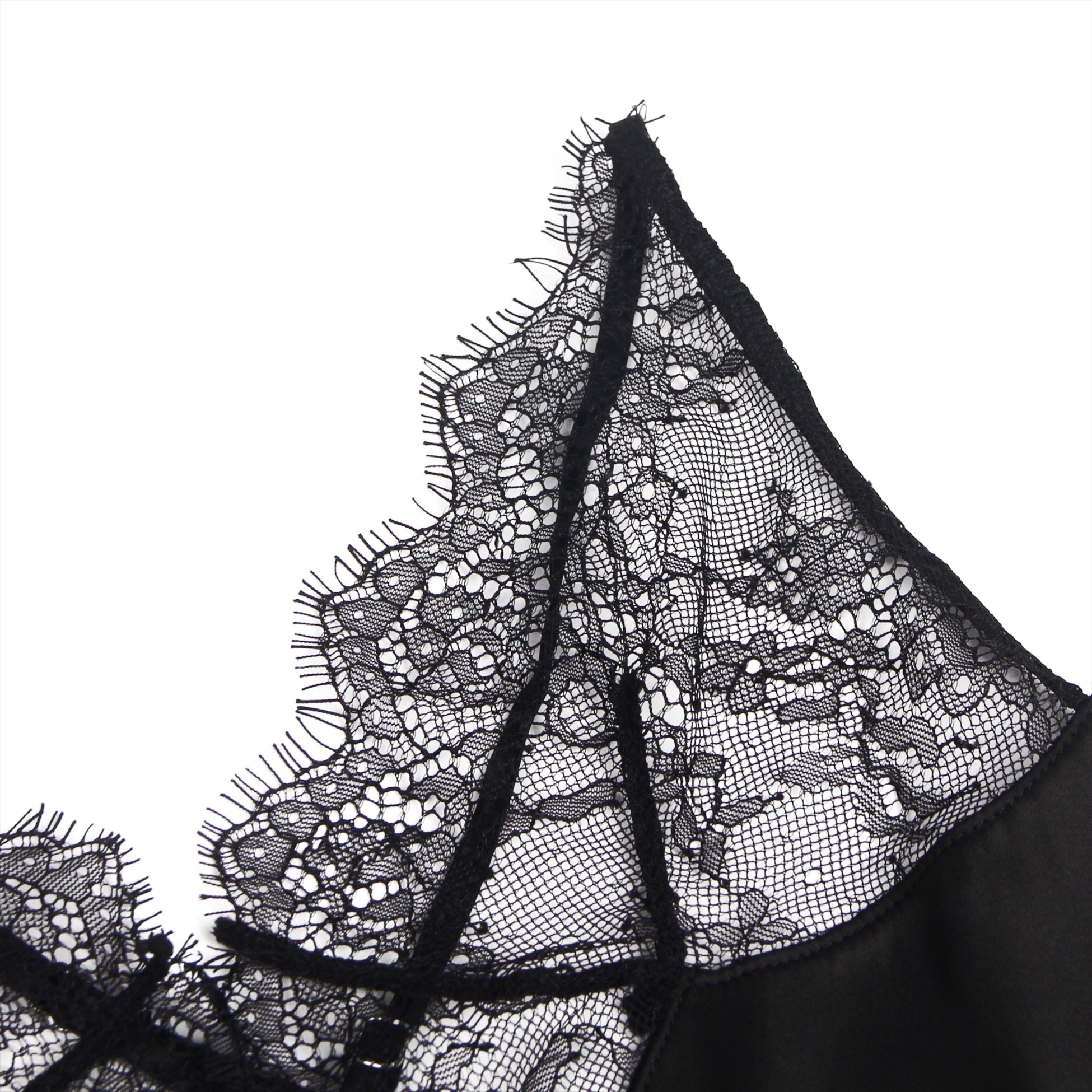 Black Deep V - Neck Babydoll with Eyelash Lace Chest Panel, Crisscross Open Back & Adjustable Straps - TeaseFashion