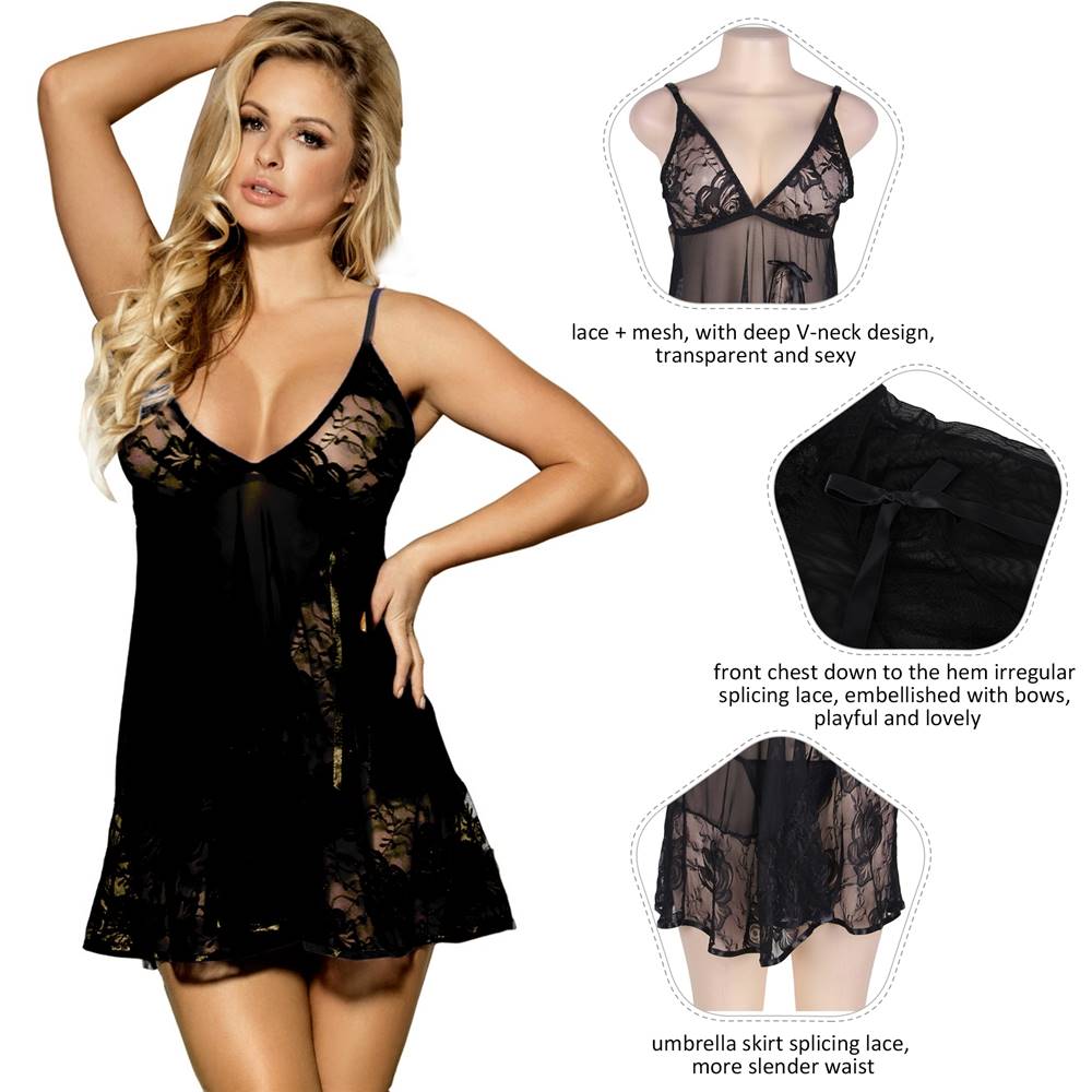 Black Deep V - Neck Butterfly Lace & Mesh Babydoll & Thong Set - TeaseFashion