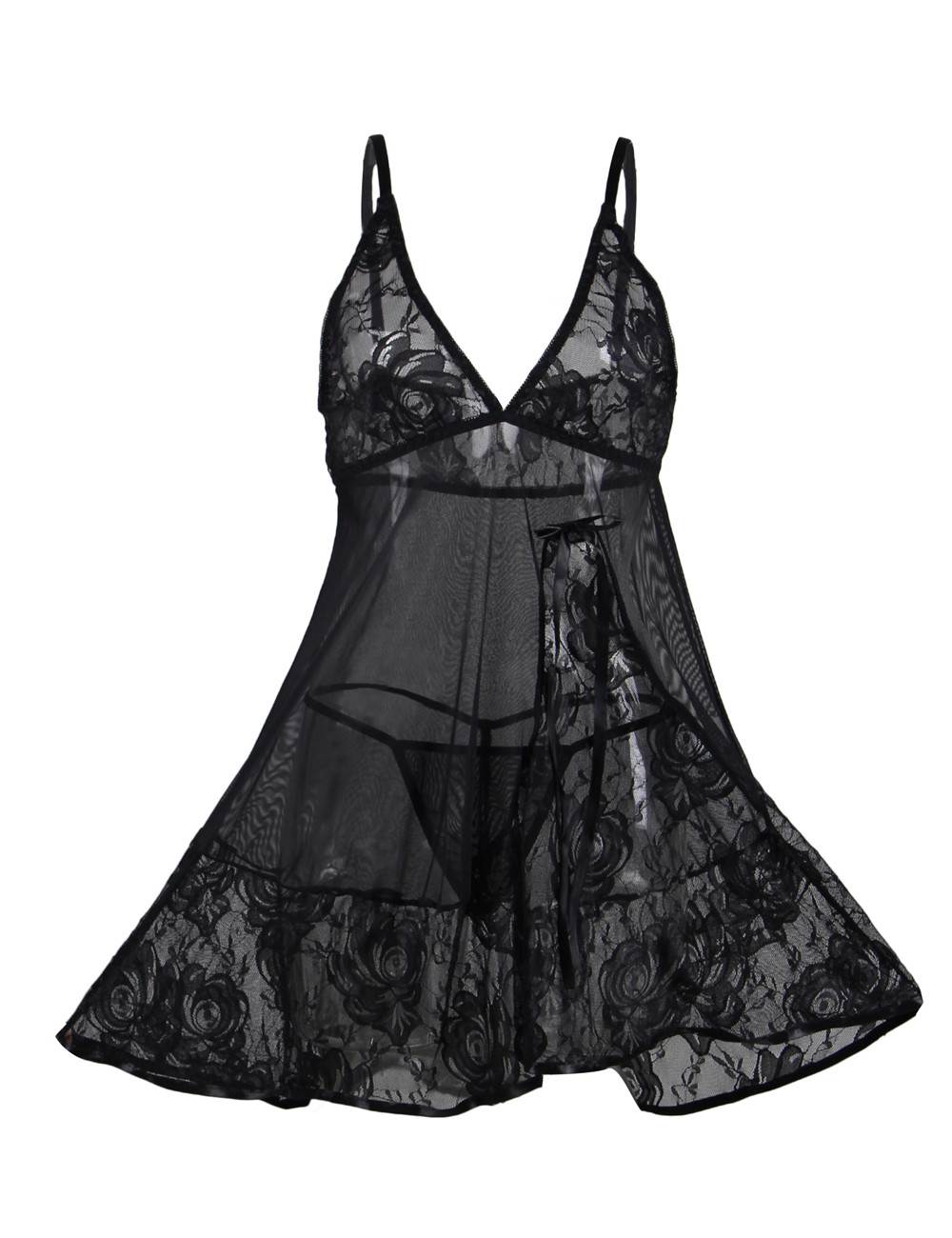 Black Deep V - Neck Butterfly Lace & Mesh Babydoll & Thong Set - TeaseFashion