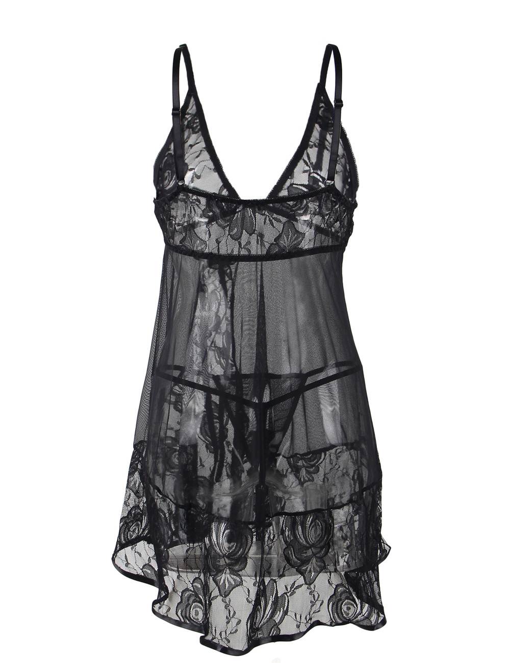 Black Deep V - Neck Butterfly Lace & Mesh Babydoll & Thong Set - TeaseFashion