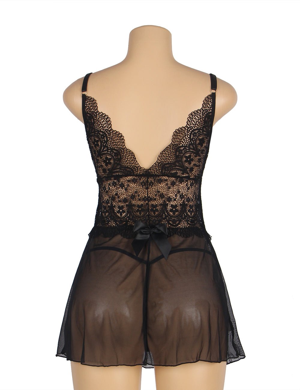 Black Deep V - Neck Mesh Babydoll with Lace Detail, Water - Soluble Flower Straps & Thong Set - TeaseFashion