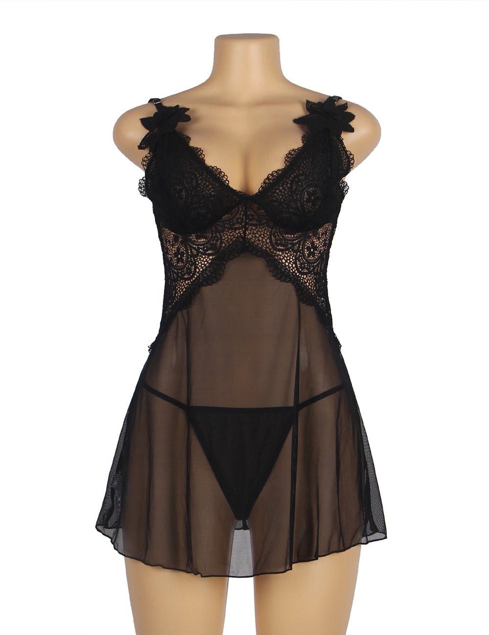 Black Deep V - Neck Mesh Babydoll with Lace Detail, Water - Soluble Flower Straps & Thong Set - TeaseFashion