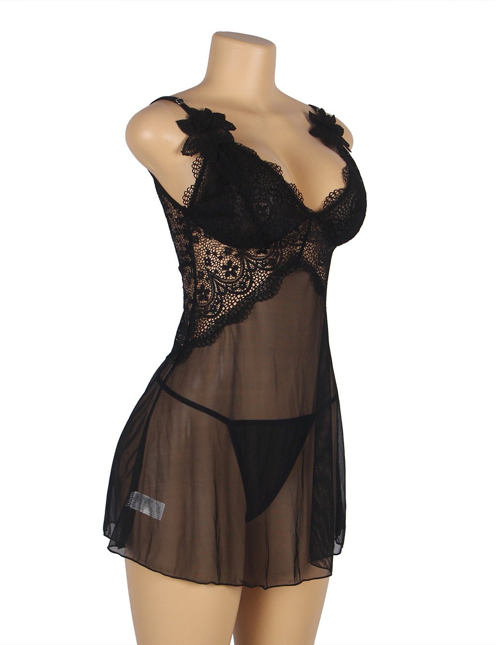 Black Deep V - Neck Mesh Babydoll with Lace Detail, Water - Soluble Flower Straps & Thong Set - TeaseFashion