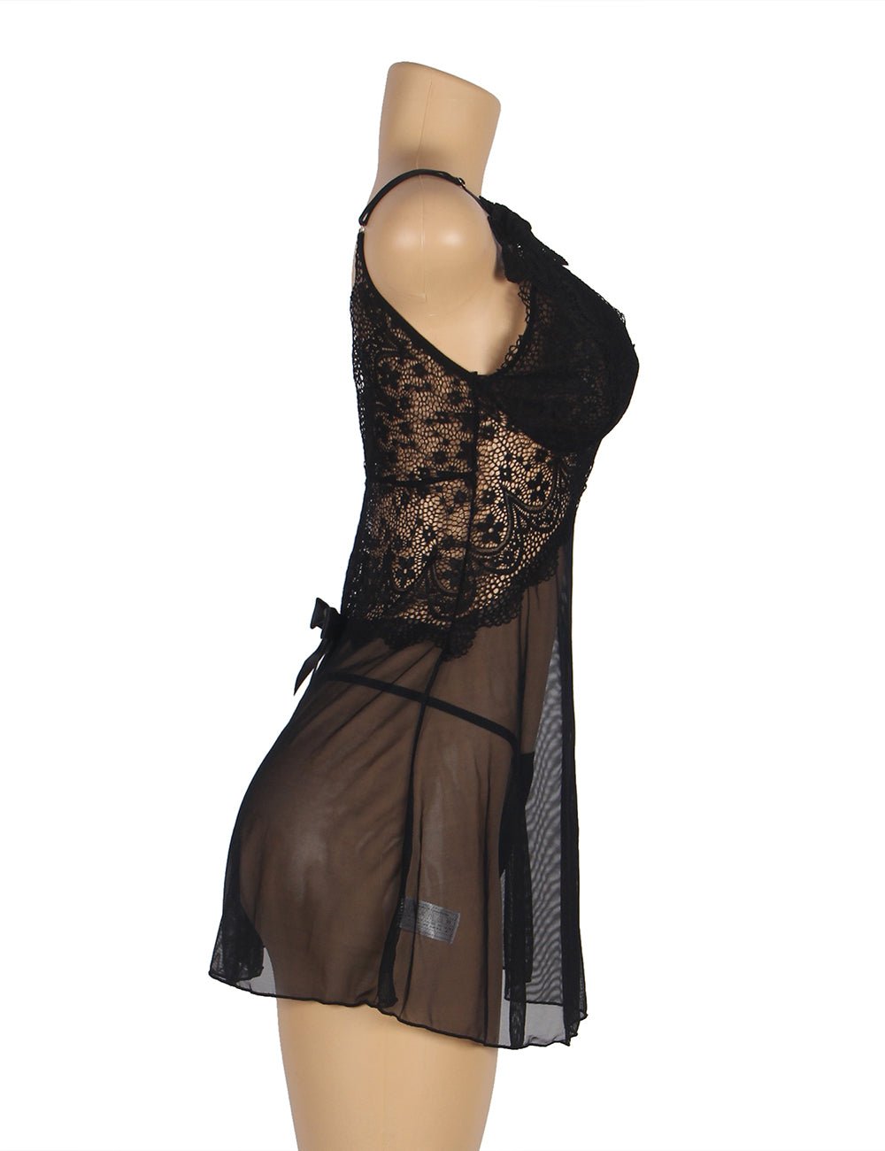 Black Deep V - Neck Mesh Babydoll with Lace Detail, Water - Soluble Flower Straps & Thong Set - TeaseFashion