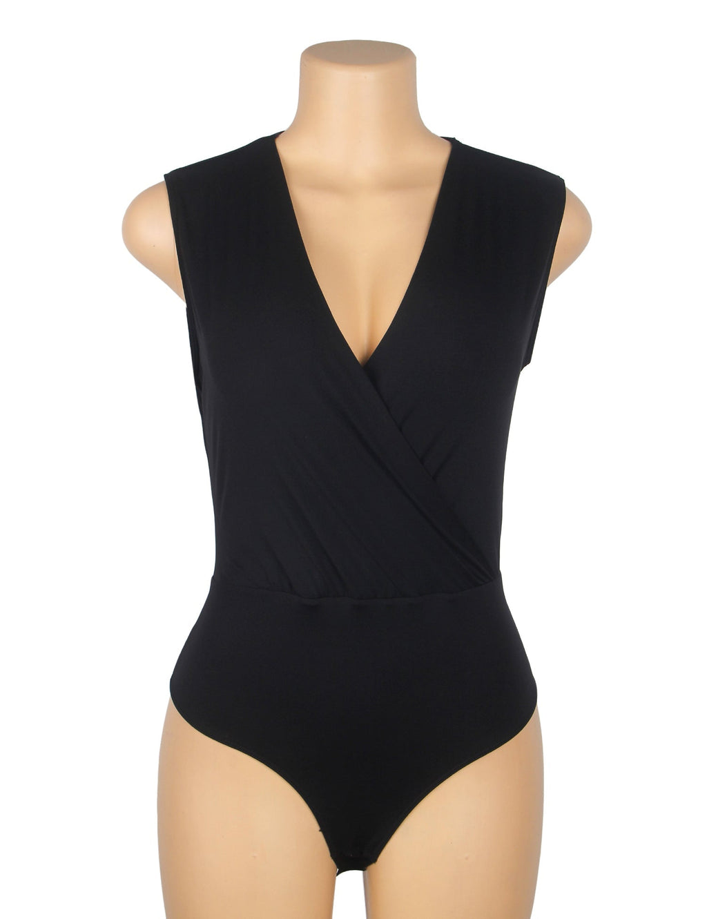 Black Deep V - Neck Sleeveless Snap - Crotch Bodysuit - TeaseFashion