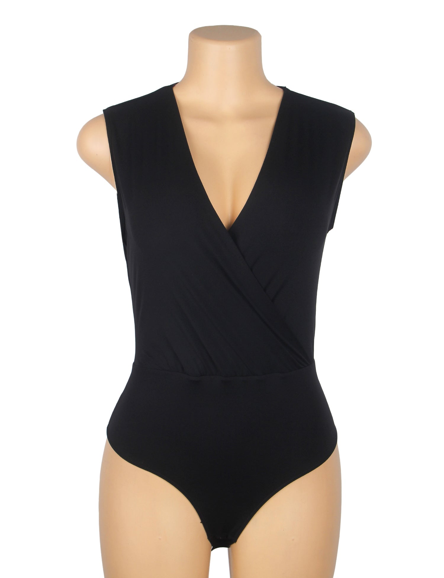 Black Deep V - Neck Sleeveless Snap - Crotch Bodysuit - TeaseFashion