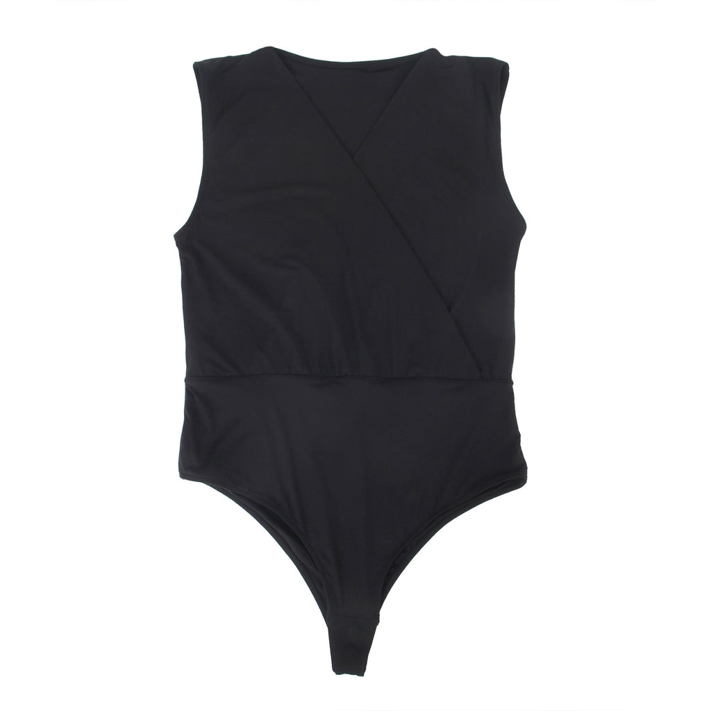 Black Deep V - Neck Sleeveless Snap - Crotch Bodysuit - TeaseFashion