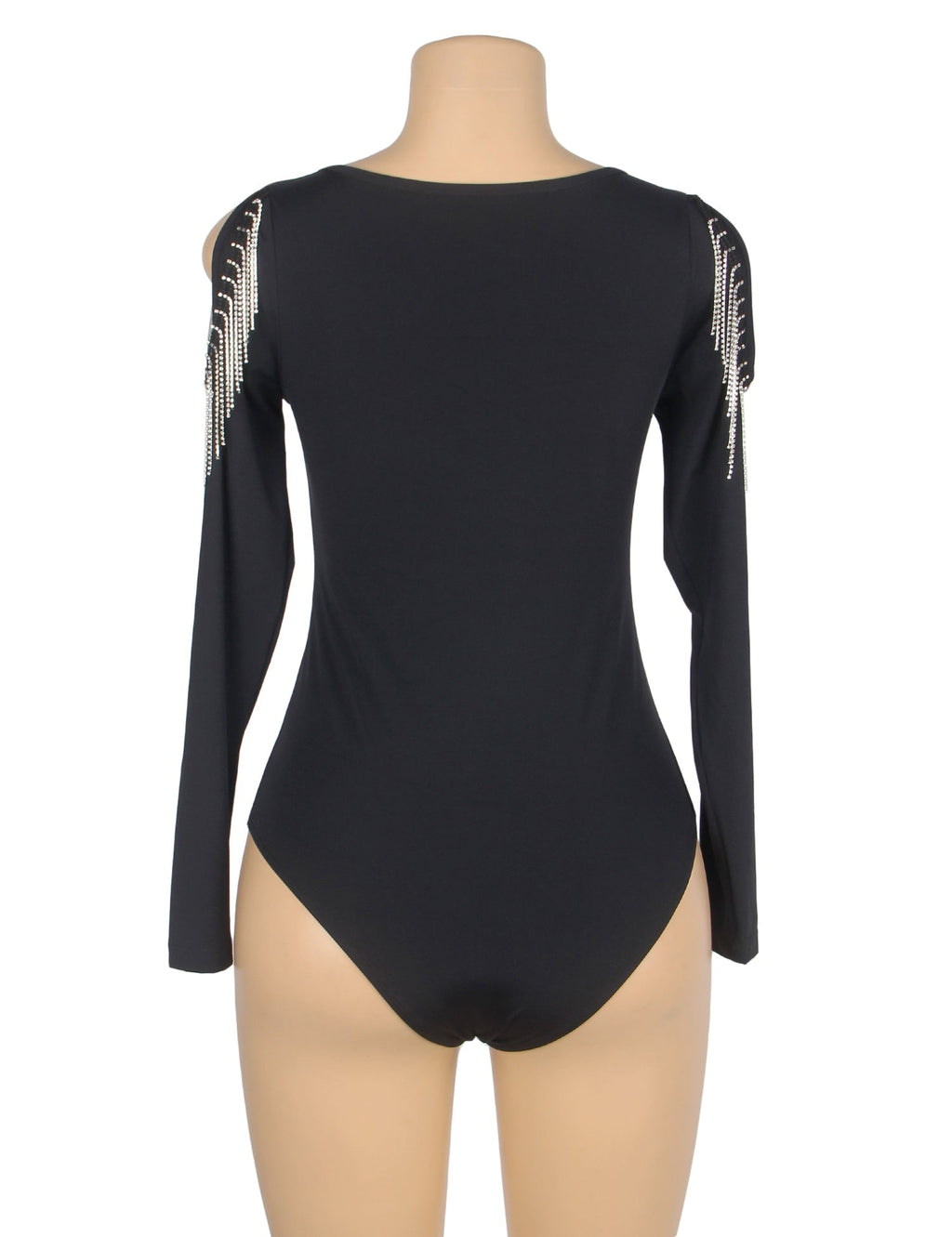 Black Diamond Chain Tassel Long Sleeve Bodysuit - TeaseFashion