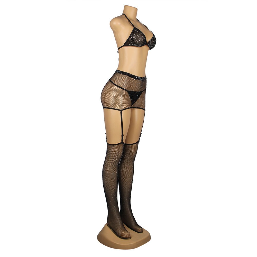 Black Diamond Fishnet Halter - Neck Bodystocking Set with Gloves & Stockings - TeaseFashion