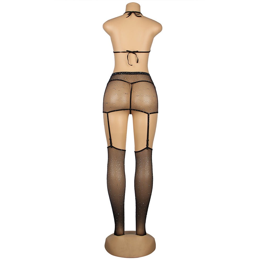 Black Diamond Fishnet Halter - Neck Bodystocking Set with Gloves & Stockings - TeaseFashion