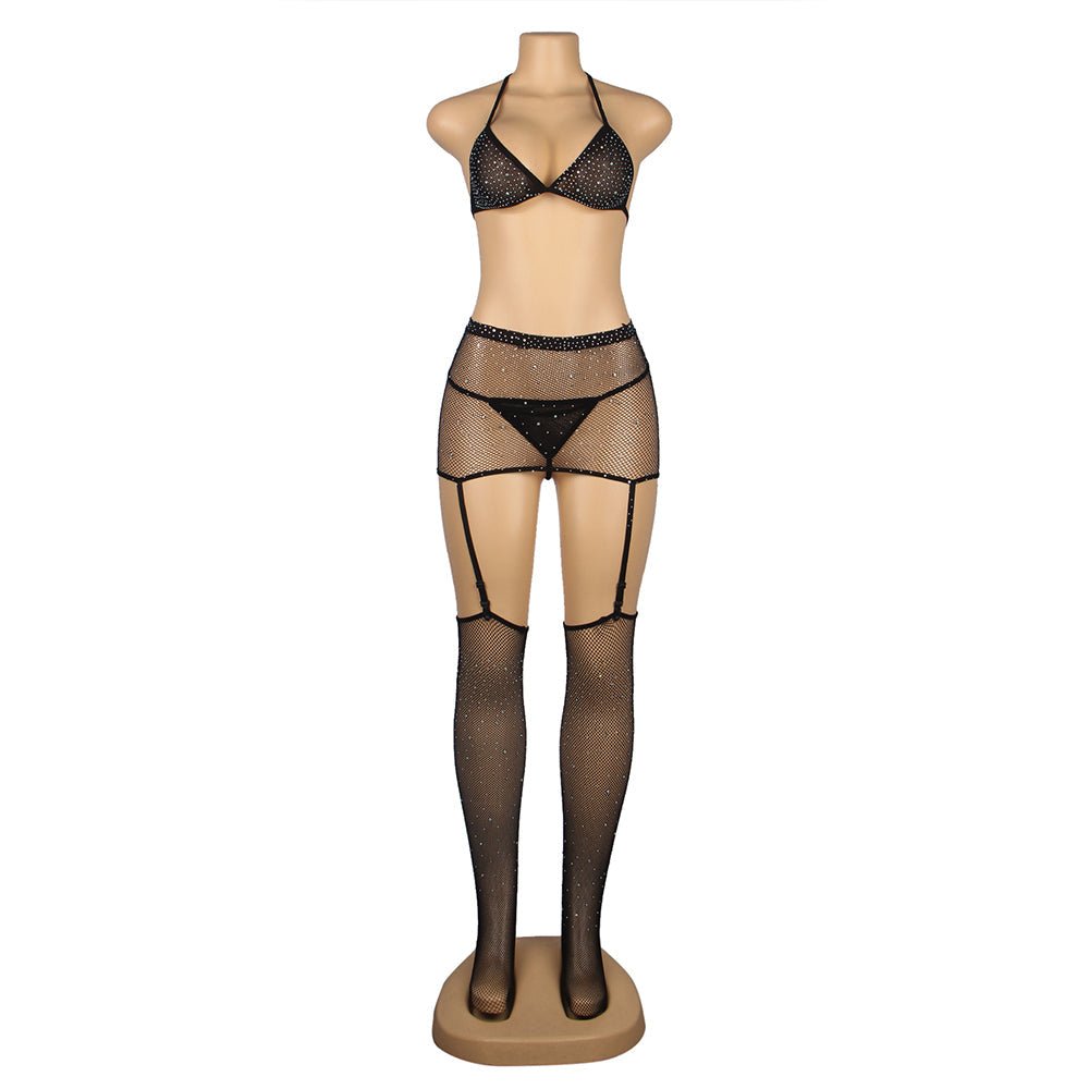 Black Diamond Fishnet Halter - Neck Bodystocking Set with Gloves & Stockings - TeaseFashion