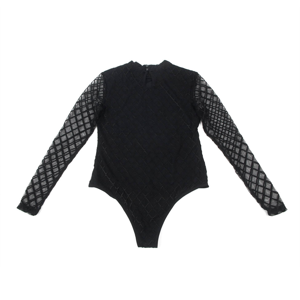 Black Diamond Mesh High - Neck Bodysuit with Hollow Back, Round Button Detail, Swim Lining & Snap Crotch - TeaseFashion