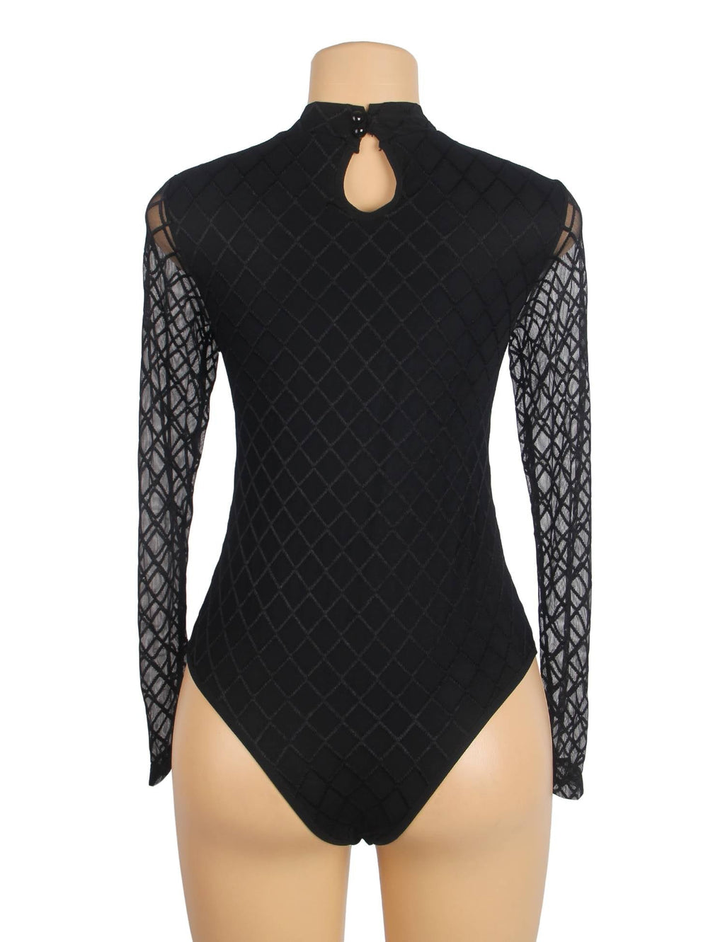Black Diamond Mesh High - Neck Bodysuit with Hollow Back, Round Button Detail, Swim Lining & Snap Crotch - TeaseFashion