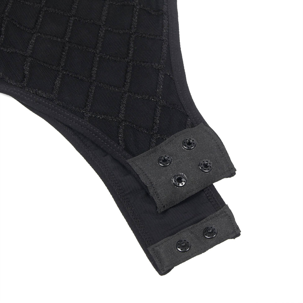 Black Diamond Mesh High - Neck Bodysuit with Hollow Back, Round Button Detail, Swim Lining & Snap Crotch - TeaseFashion