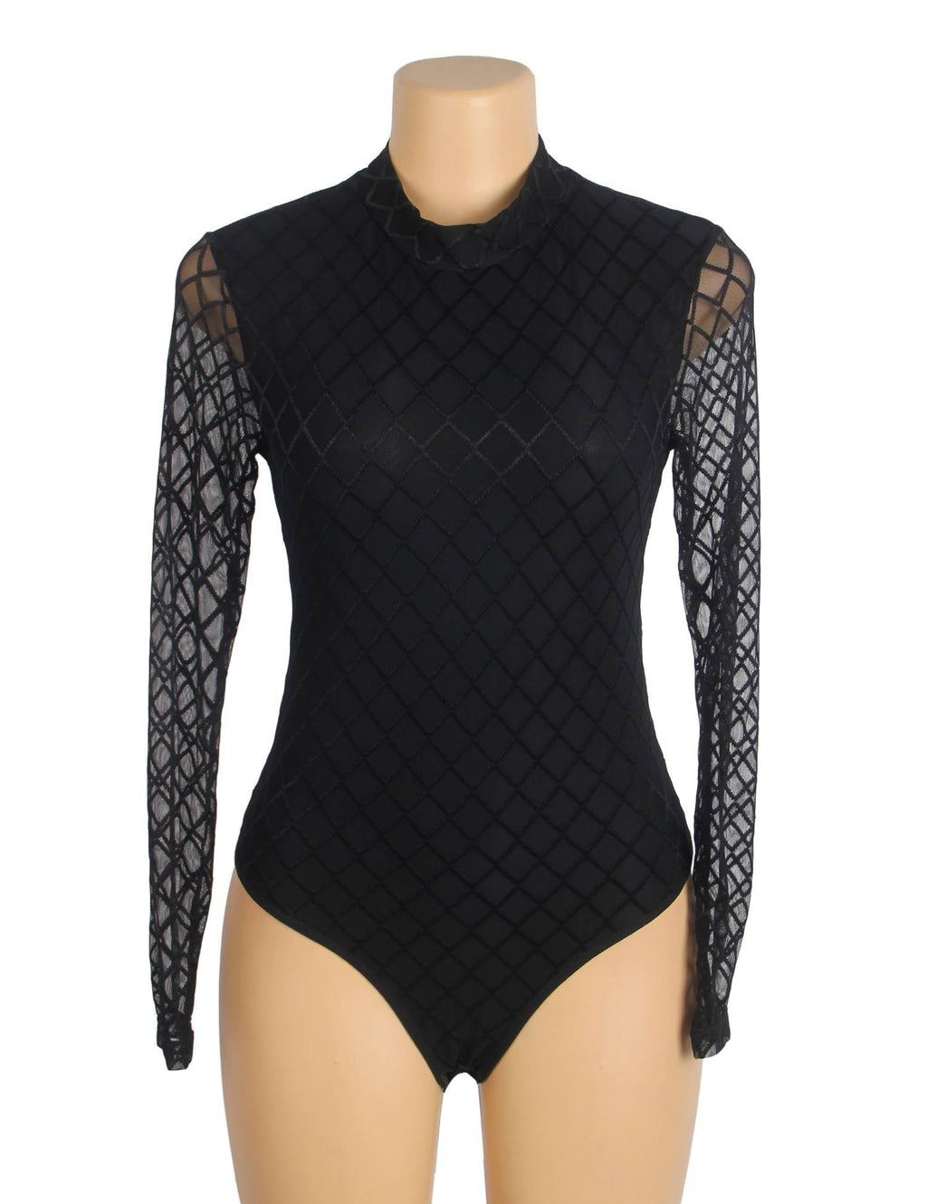 Black Diamond Mesh High - Neck Bodysuit with Hollow Back, Round Button Detail, Swim Lining & Snap Crotch - TeaseFashion