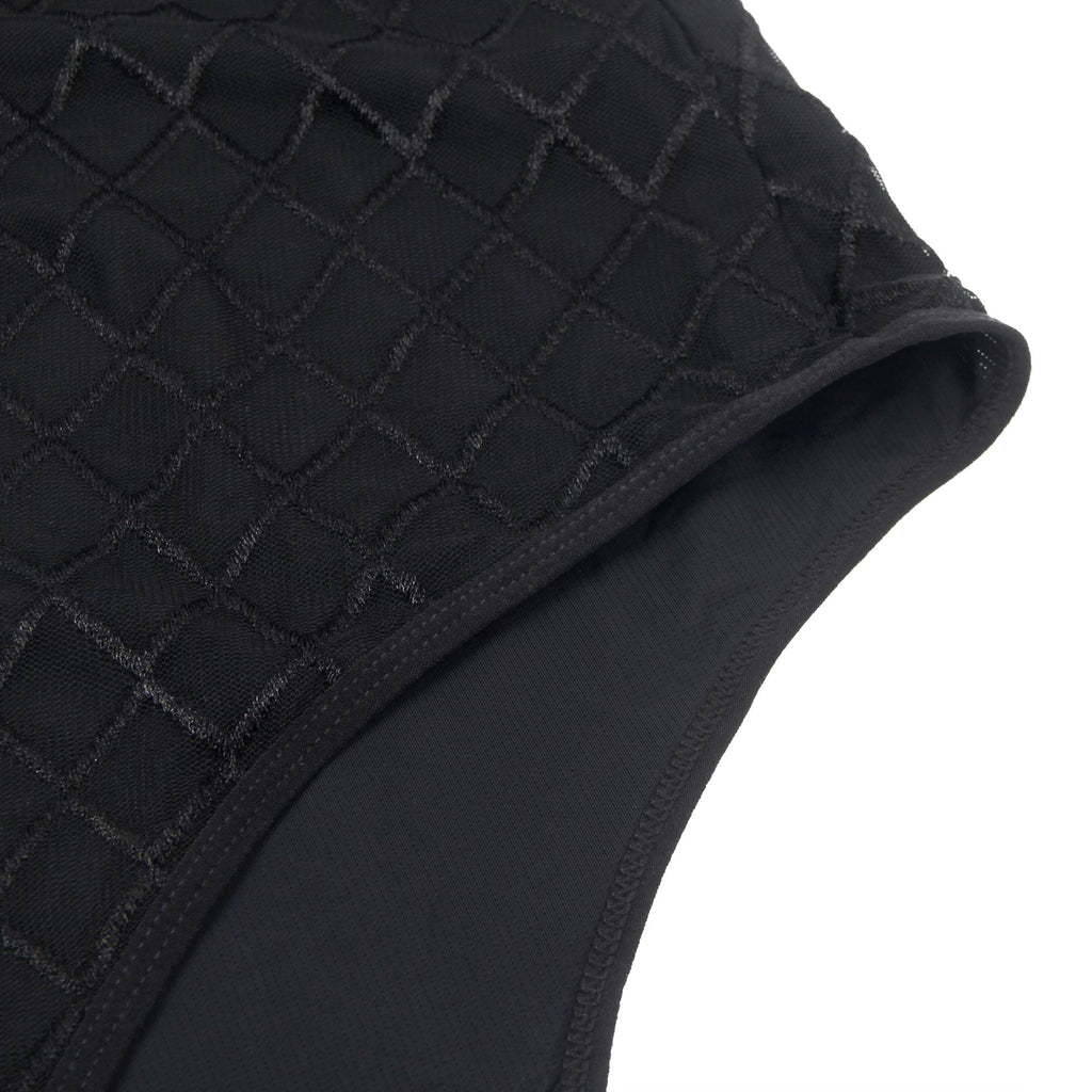 Black Diamond Mesh High - Neck Bodysuit with Hollow Back, Round Button Detail, Swim Lining & Snap Crotch - TeaseFashion