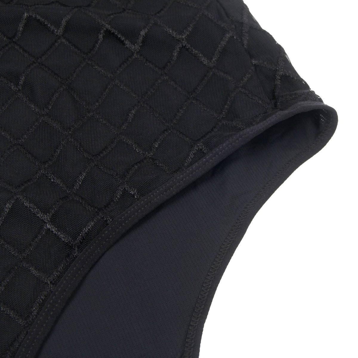 Black Diamond Mesh High - Neck Bodysuit with Hollow Back, Round Button Detail, Swim Lining & Snap Crotch - TeaseFashion