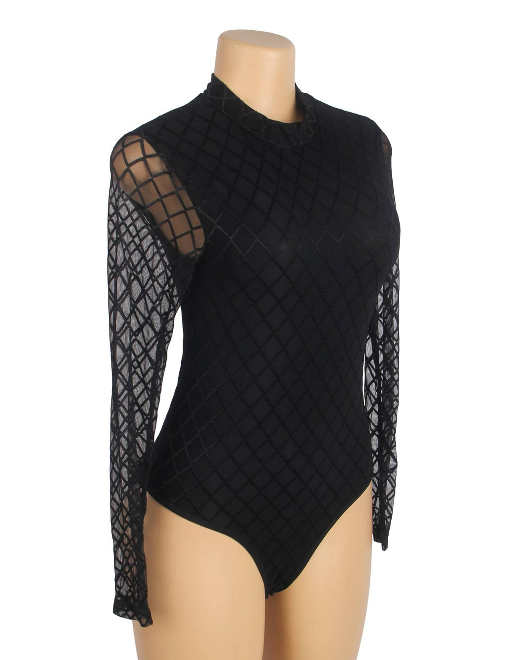Black Diamond Mesh High - Neck Bodysuit with Hollow Back, Round Button Detail, Swim Lining & Snap Crotch - TeaseFashion