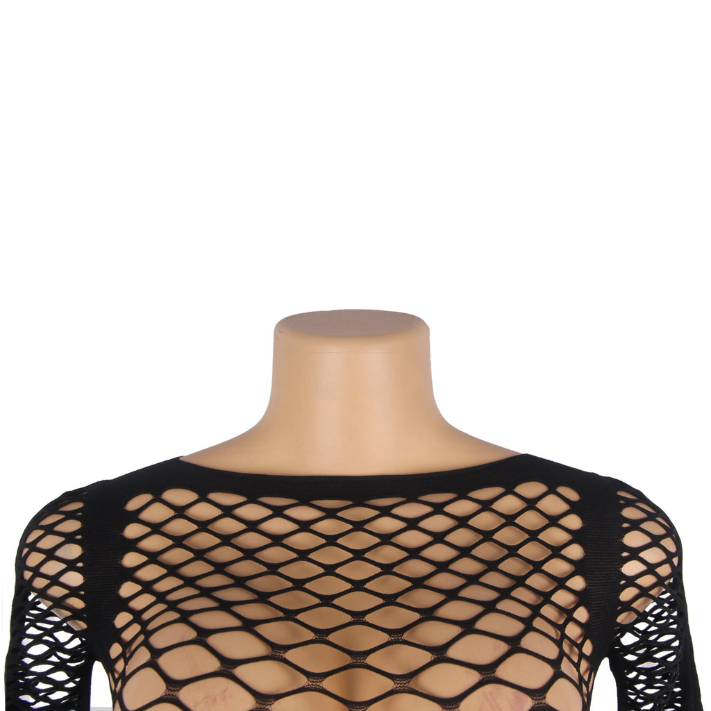 Black Diamond Mesh Long - Sleeve Crop Top & High - Waist Shorts Set - TeaseFashion