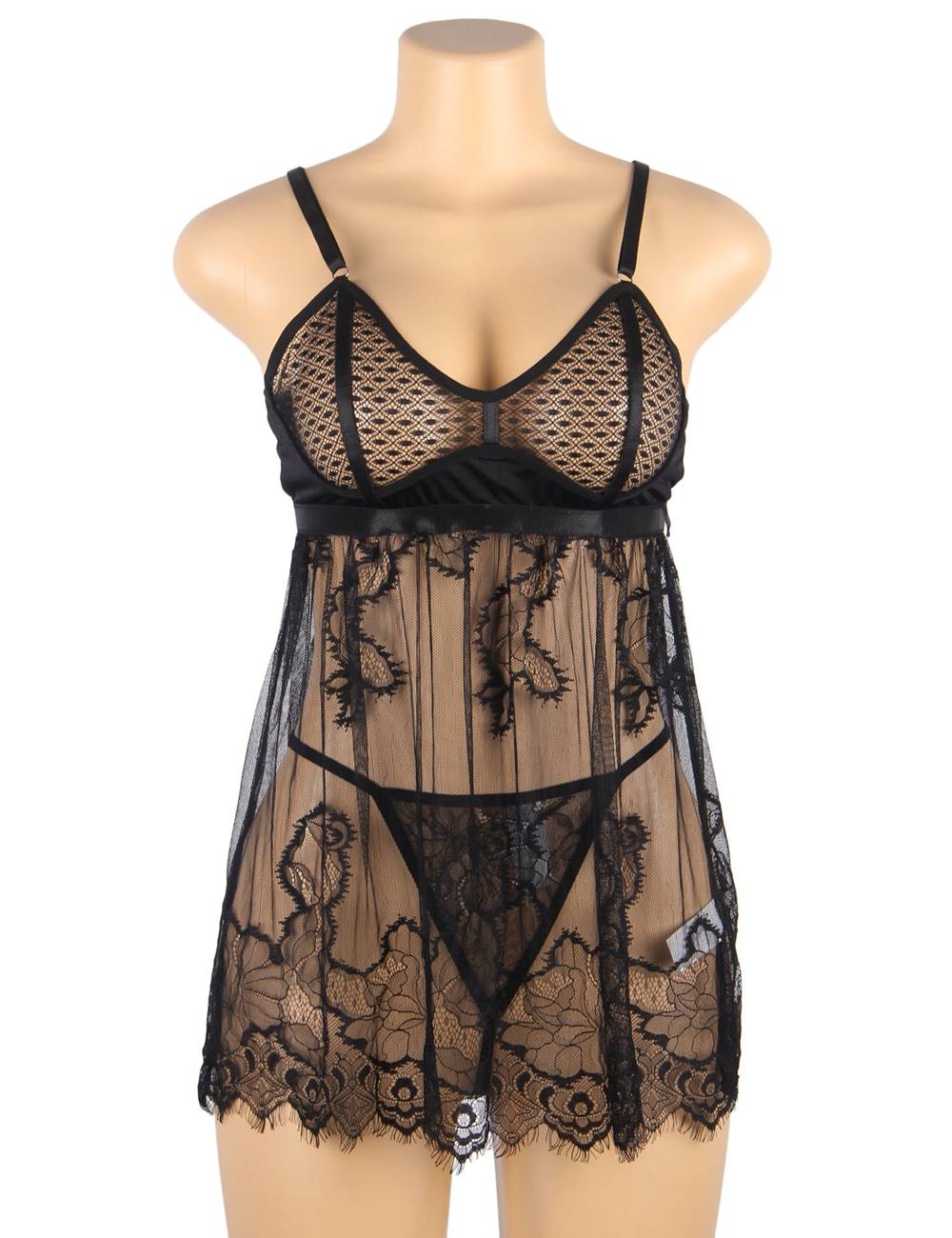 Black Diamond Mesh Suspender Babydoll with Eyelash Lace Hem & Thong Set - TeaseFashion