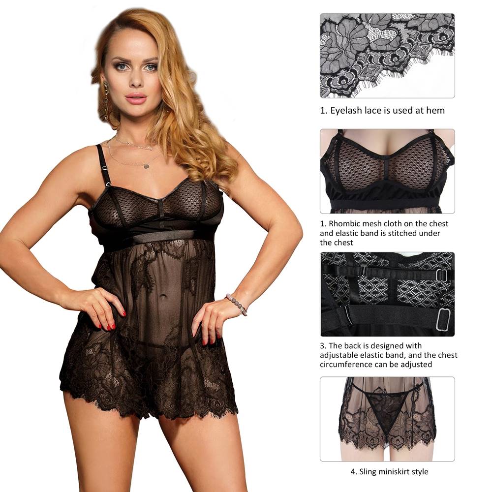 Black Diamond Mesh Suspender Babydoll with Eyelash Lace Hem & Thong Set - TeaseFashion