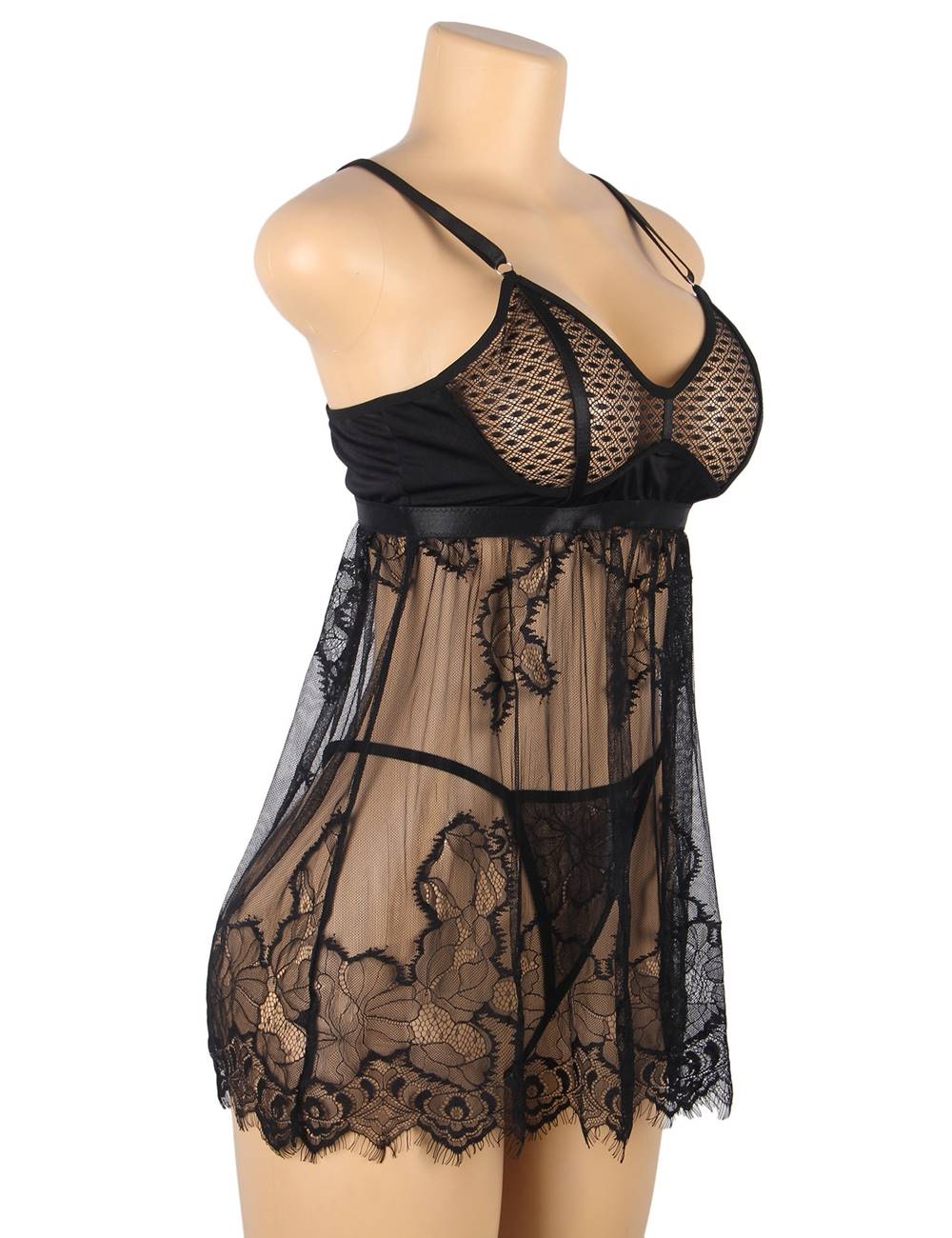 Black Diamond Mesh Suspender Babydoll with Eyelash Lace Hem & Thong Set - TeaseFashion