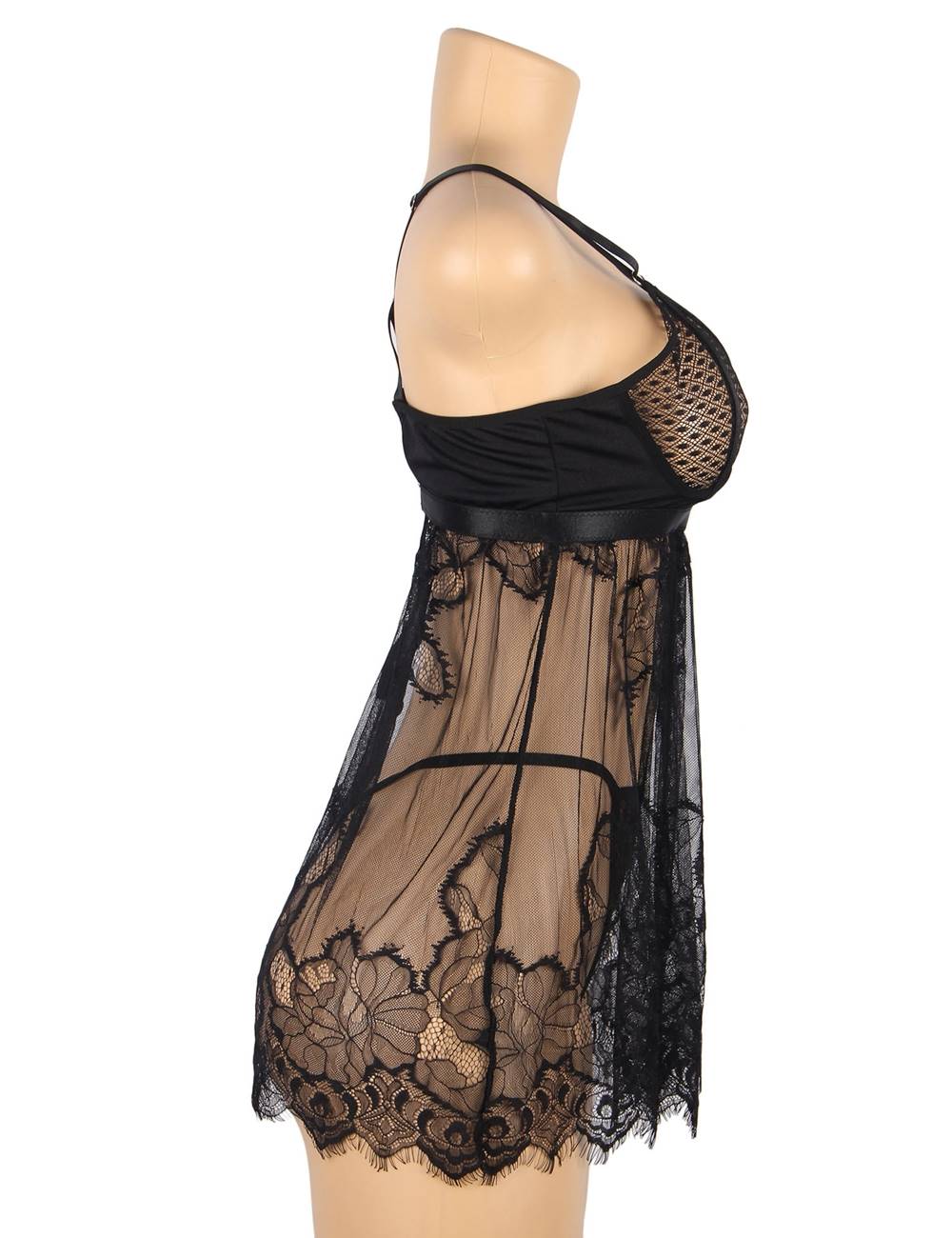 Black Diamond Mesh Suspender Babydoll with Eyelash Lace Hem & Thong Set - TeaseFashion