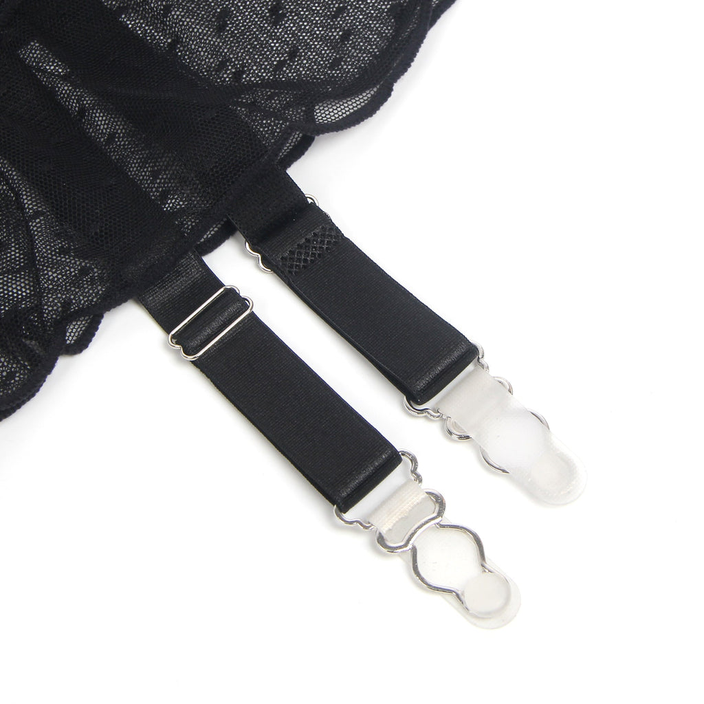 Black Dotted Mesh Garter Mini Skirt with 4 Elastic Straps - TeaseFashion