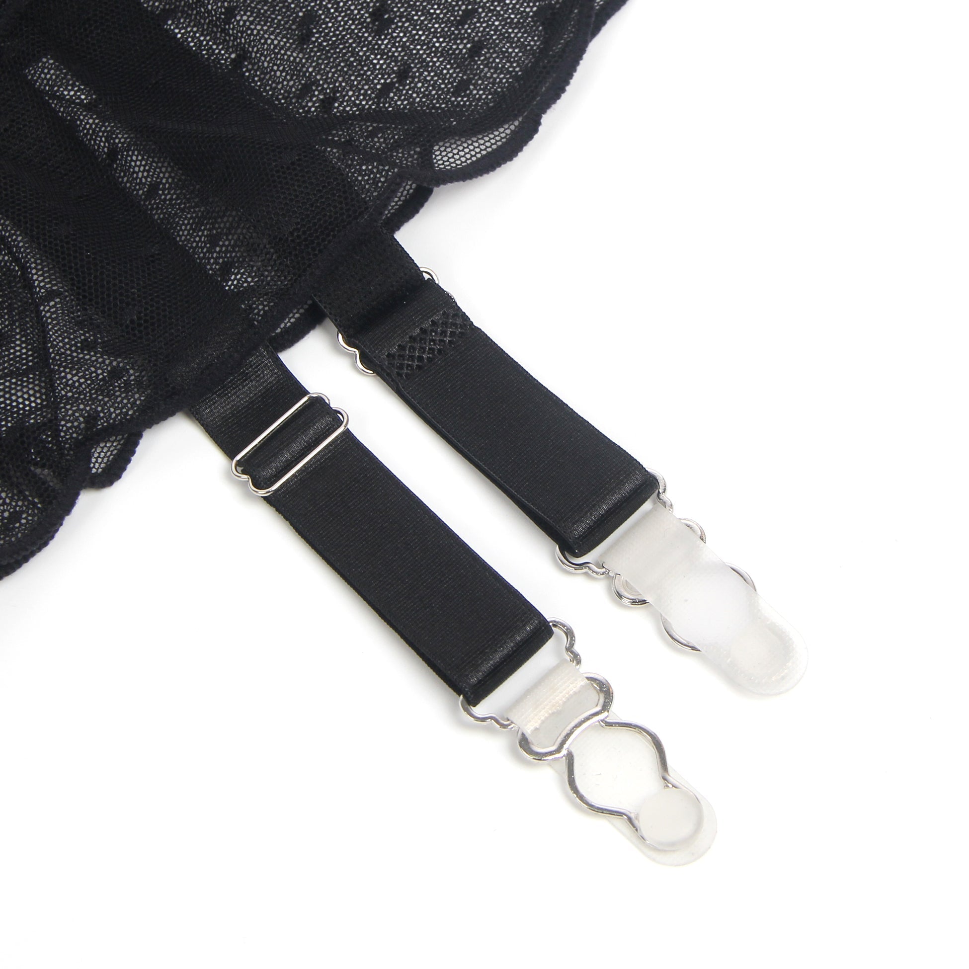 Black Dotted Mesh Garter Mini Skirt with 4 Elastic Straps - TeaseFashion