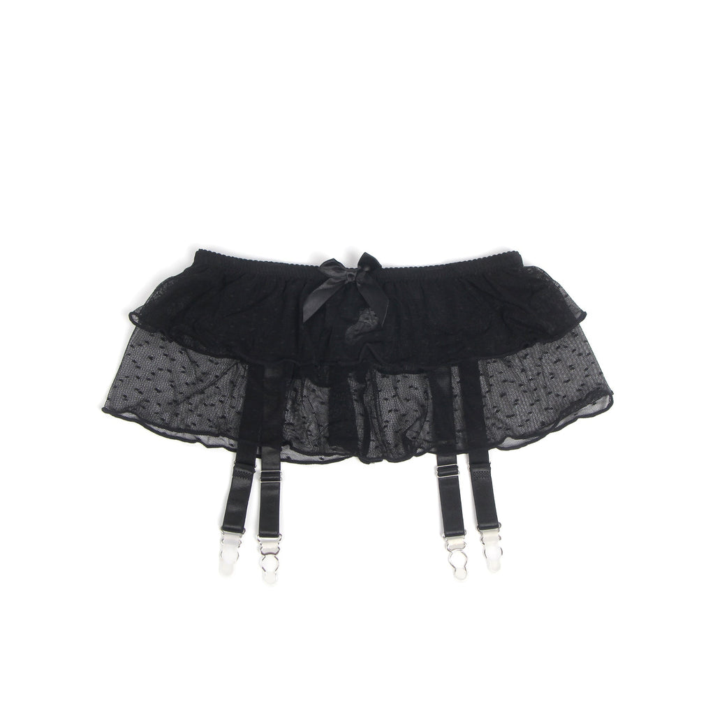 Black Dotted Mesh Garter Mini Skirt with 4 Elastic Straps - TeaseFashion