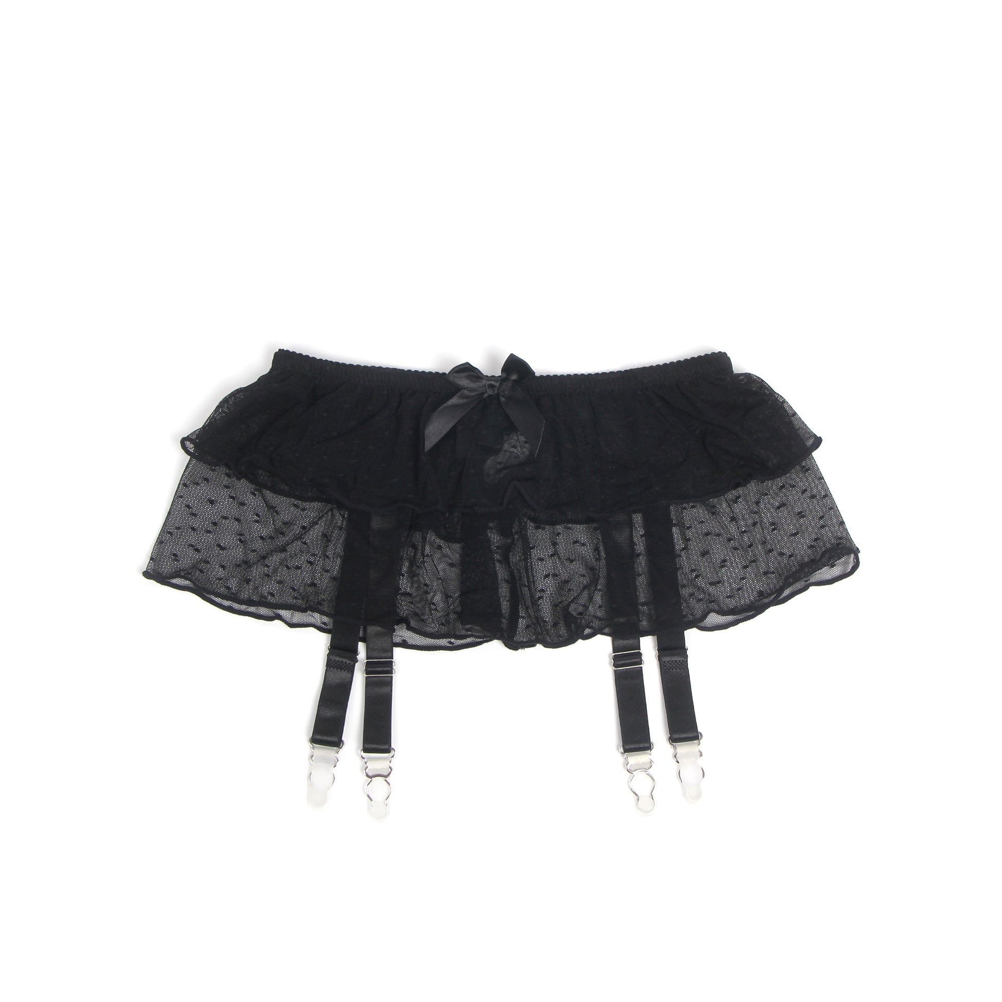 Black Dotted Mesh Garter Mini Skirt with 4 Elastic Straps - TeaseFashion