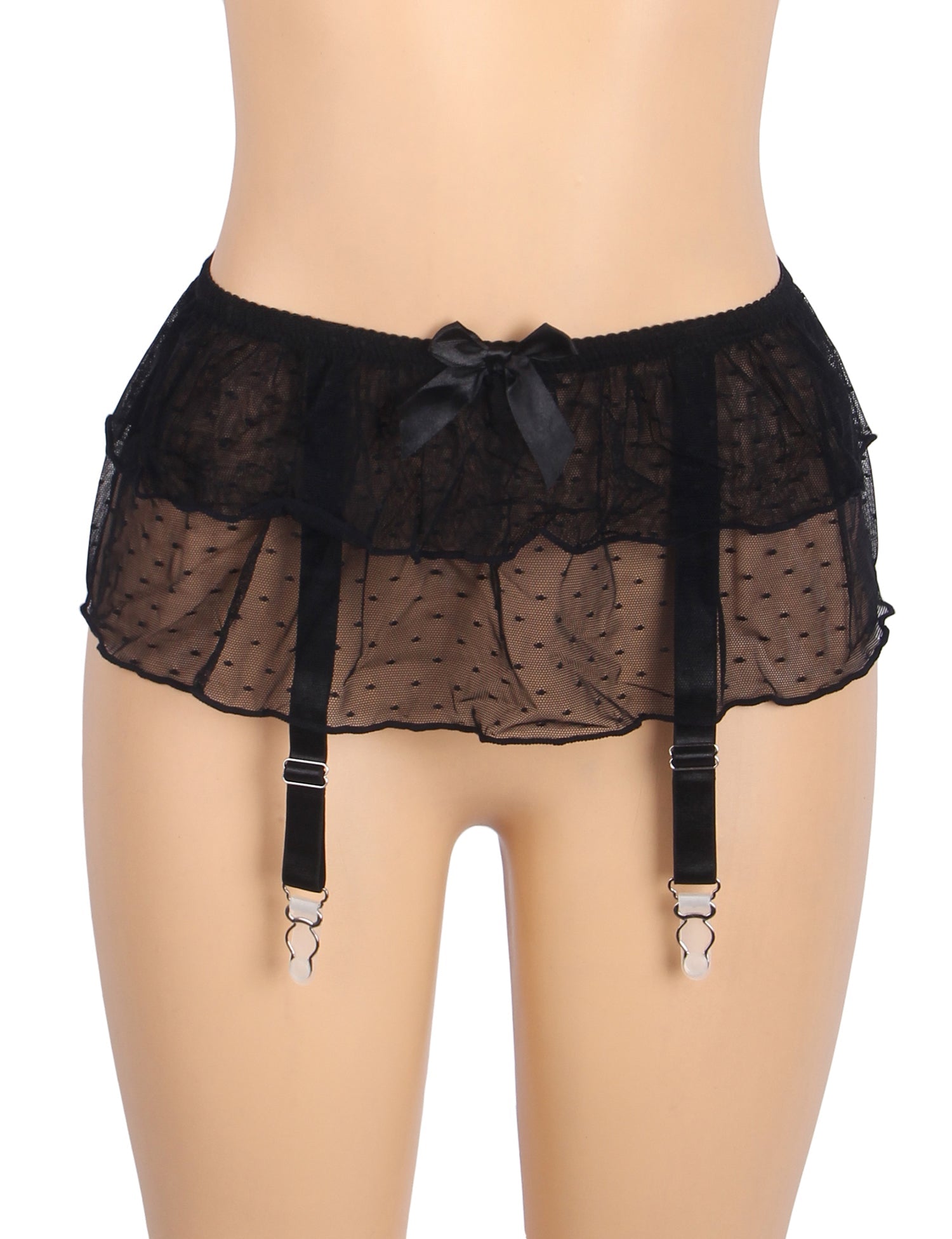 Black Dotted Mesh Garter Mini Skirt with 4 Elastic Straps - TeaseFashion