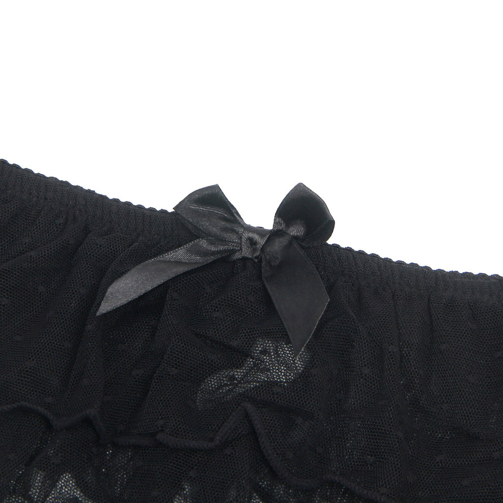 Black Dotted Mesh Garter Mini Skirt with 4 Elastic Straps - TeaseFashion