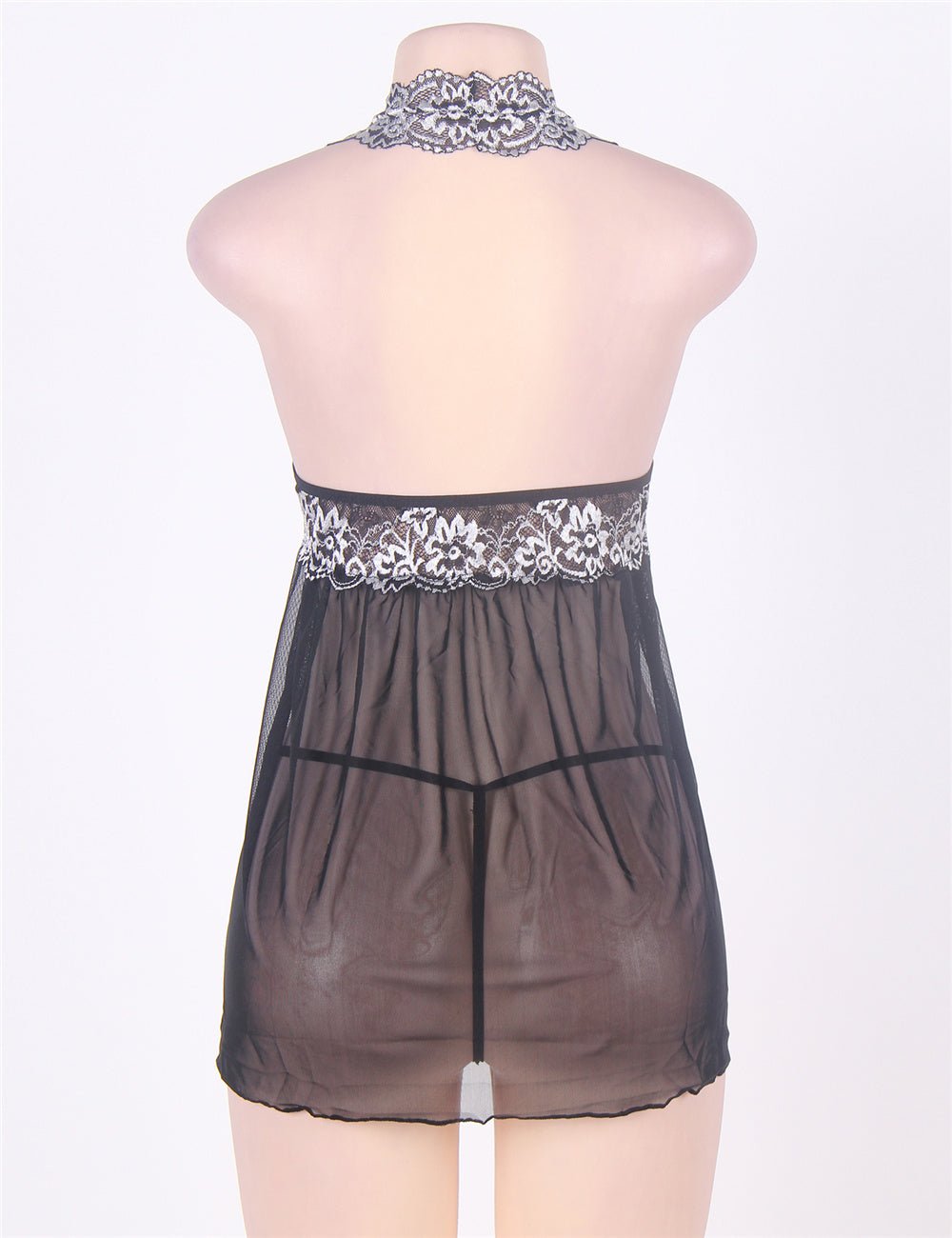 Black Double - Colour Lace - Trim Halter Mesh Babydoll & Thong Set - TeaseFashion
