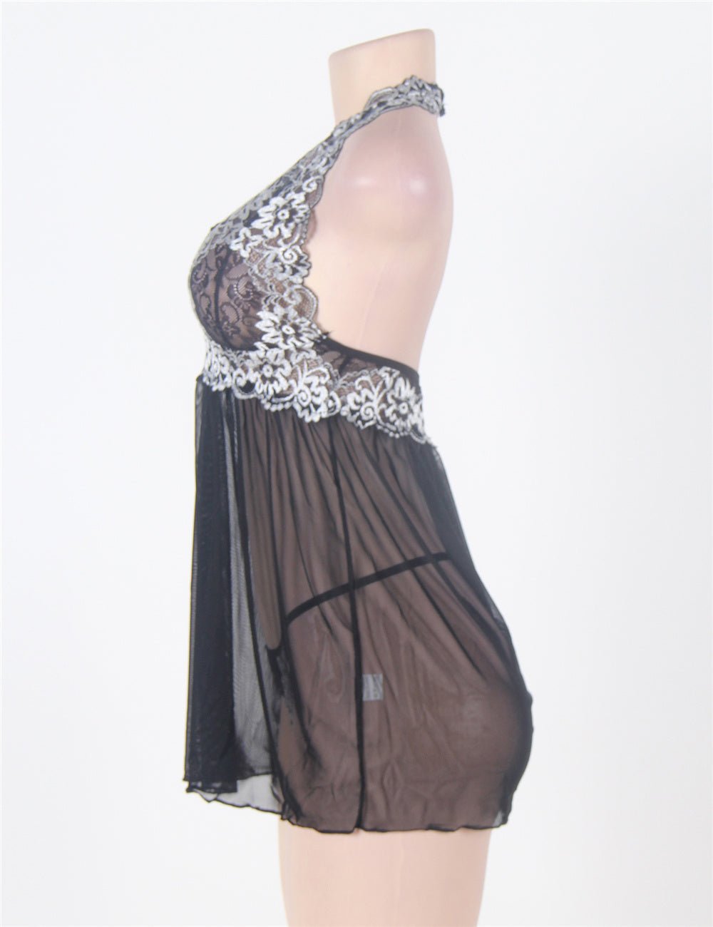 Black Double - Colour Lace - Trim Halter Mesh Babydoll & Thong Set - TeaseFashion