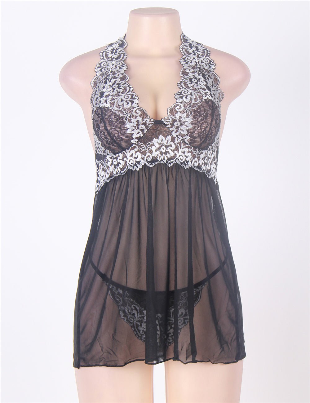 Black Double - Colour Lace - Trim Halter Mesh Babydoll & Thong Set - TeaseFashion