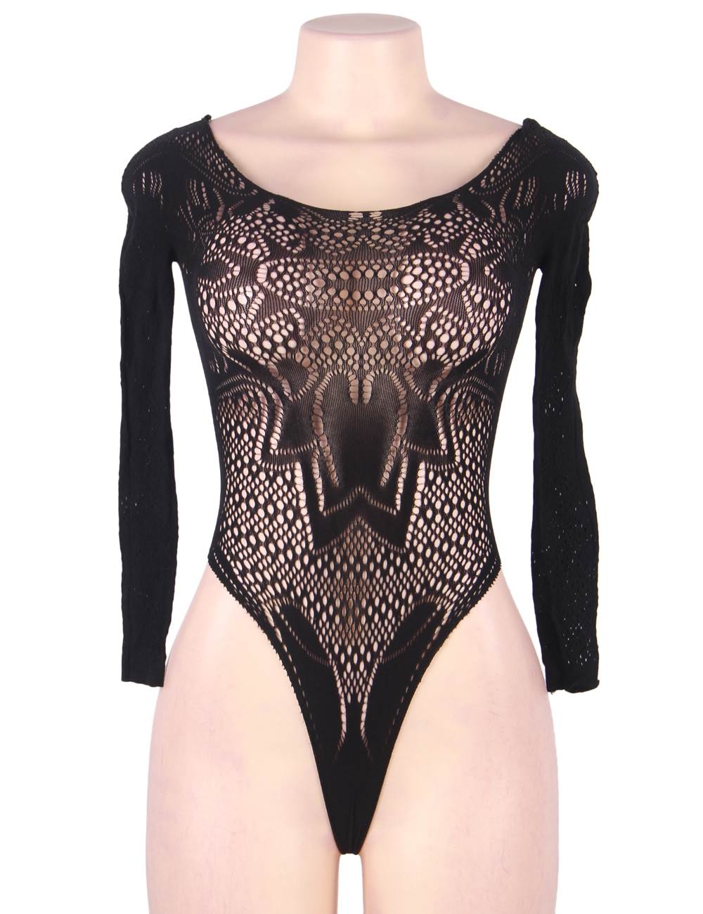 Black Elastic Nylon Patterned Long - Sleeve Bodystocking – Round Neck & Form - Fitting Silhouette - TeaseFashion