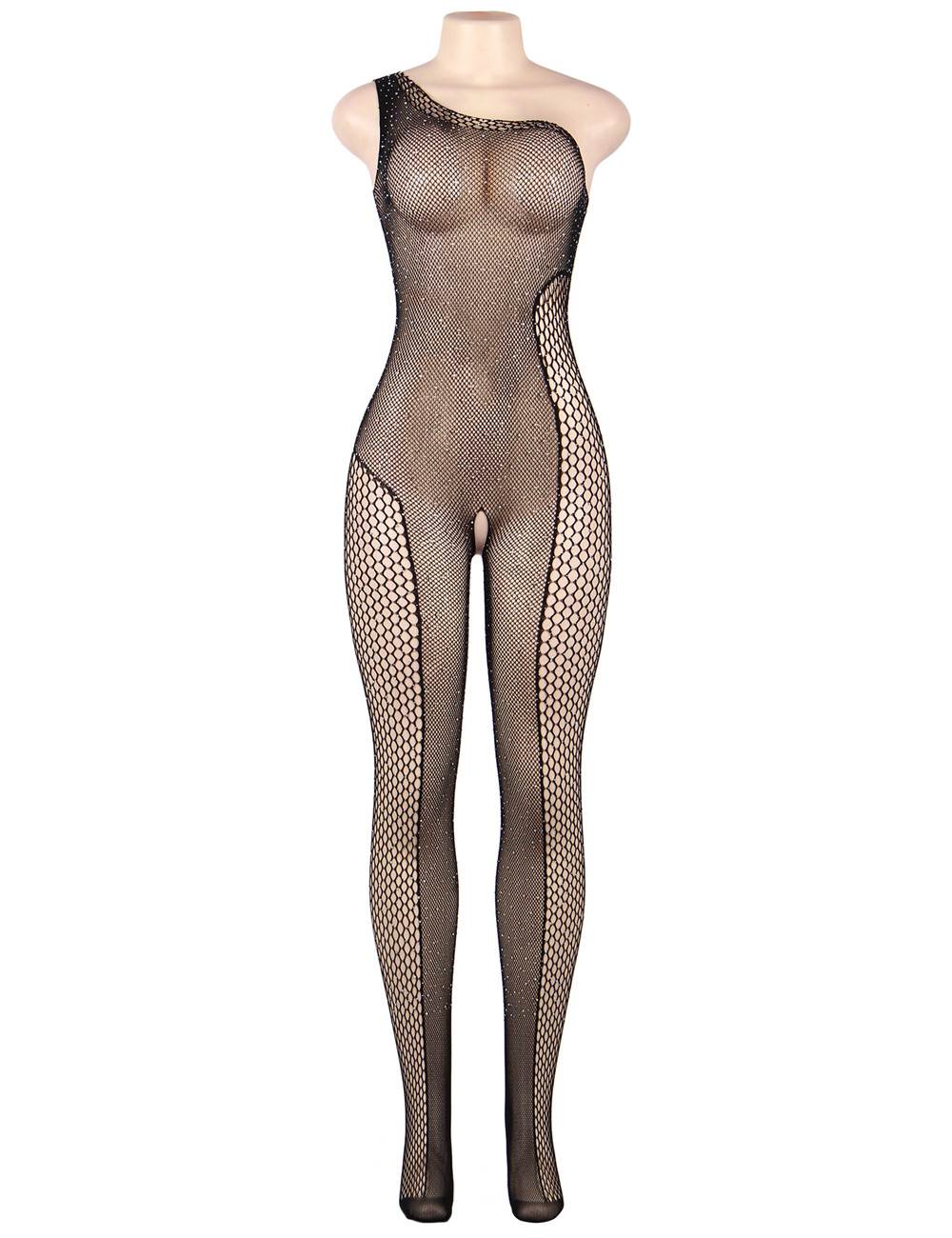 Black Elastic Nylon Rhinestone One - Shoulder Bodystocking – Large Mesh Waist - to - Leg Panel & Hollow - Out Crotch - TeaseFashion