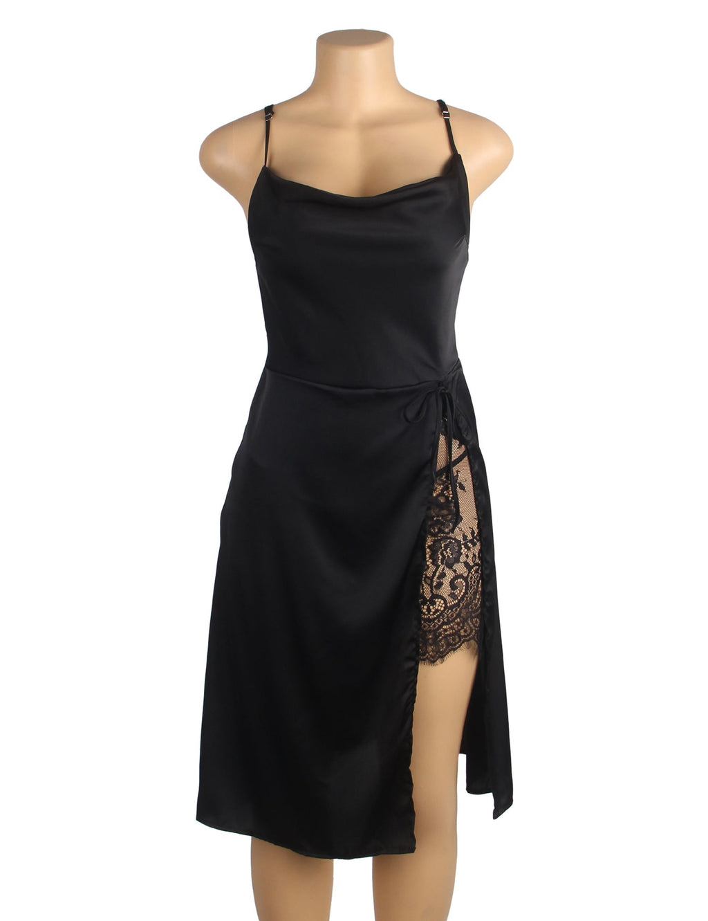 Black Elastic Satin Camisole Dress with Drape Neckline, Hidden Zipper, Open Back & High Lace - Lined Slit - TeaseFashion
