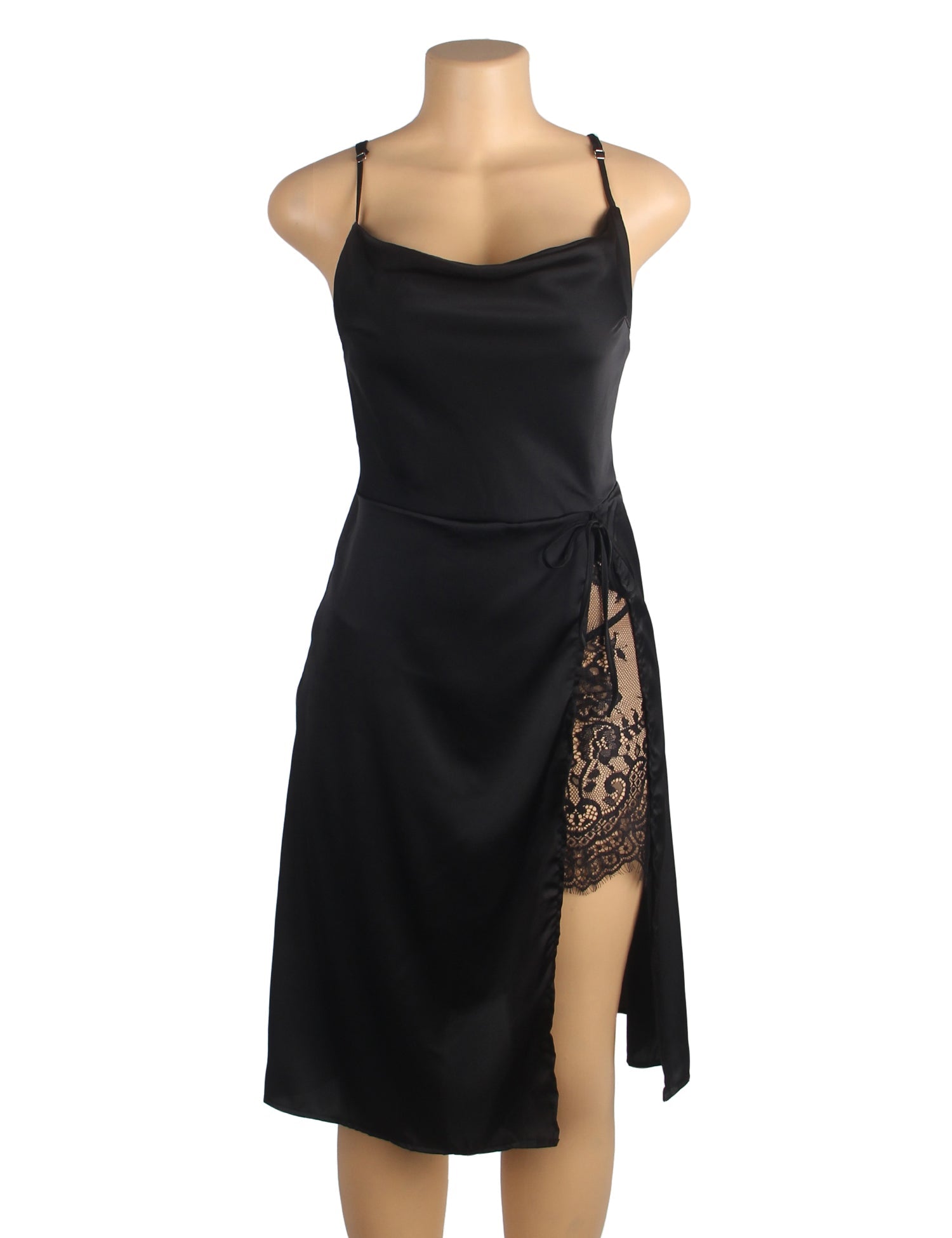 Black Elastic Satin Camisole Dress with Drape Neckline, Hidden Zipper, Open Back & High Lace - Lined Slit - TeaseFashion