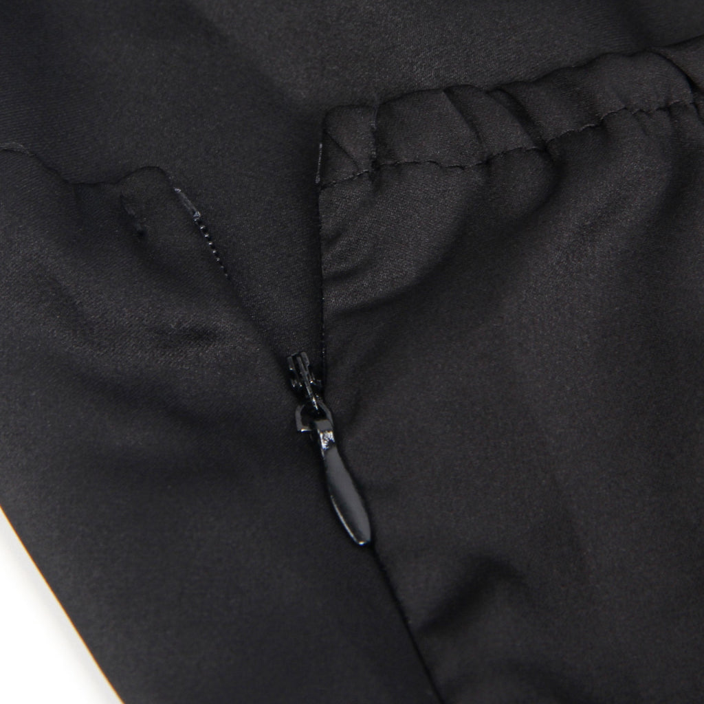 Black Elastic Satin Camisole Dress with Drape Neckline, Hidden Zipper, Open Back & High Lace - Lined Slit - TeaseFashion