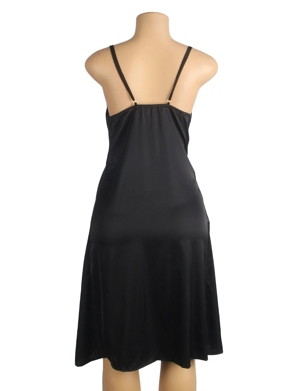 Black Elastic Satin Camisole Dress with Drape Neckline, Hidden Zipper, Open Back & High Lace - Lined Slit - TeaseFashion