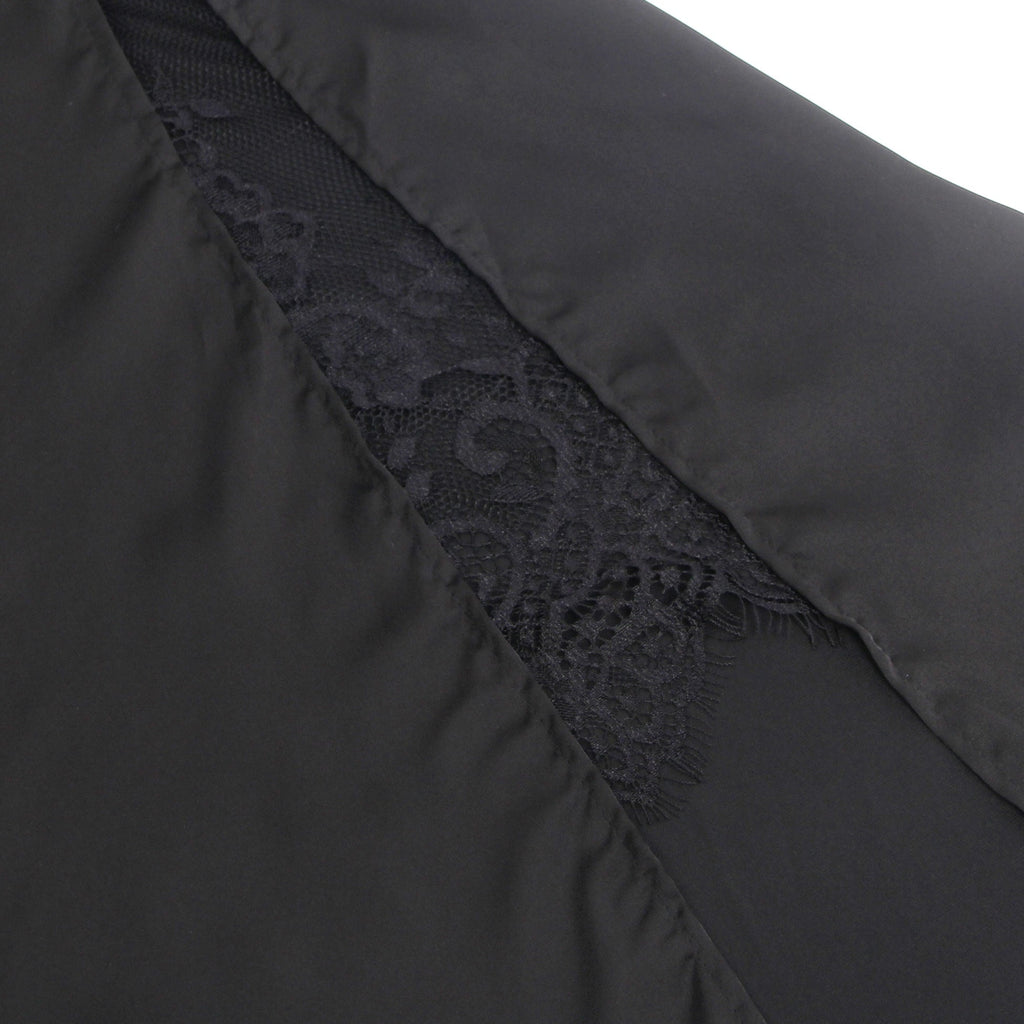 Black Elastic Satin Camisole Dress with Drape Neckline, Hidden Zipper, Open Back & High Lace - Lined Slit - TeaseFashion