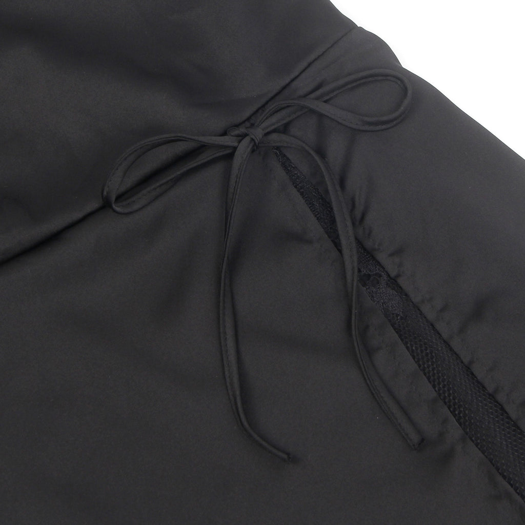 Black Elastic Satin Camisole Dress with Drape Neckline, Hidden Zipper, Open Back & High Lace - Lined Slit - TeaseFashion