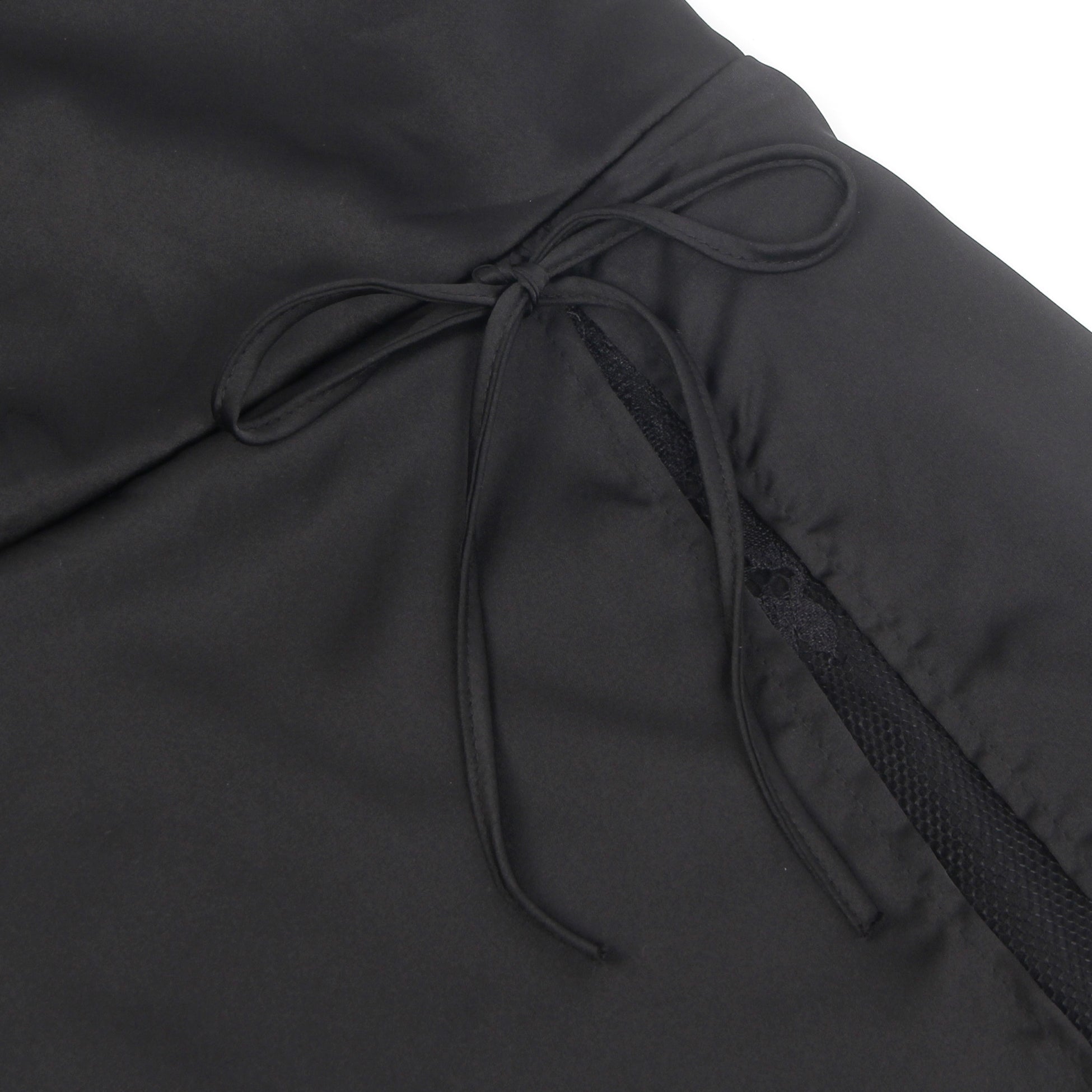 Black Elastic Satin Camisole Dress with Drape Neckline, Hidden Zipper, Open Back & High Lace - Lined Slit - TeaseFashion