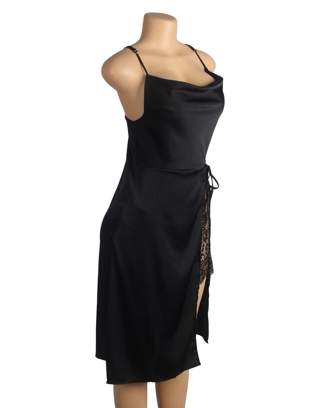 Black Elastic Satin Camisole Dress with Drape Neckline, Hidden Zipper, Open Back & High Lace - Lined Slit - TeaseFashion