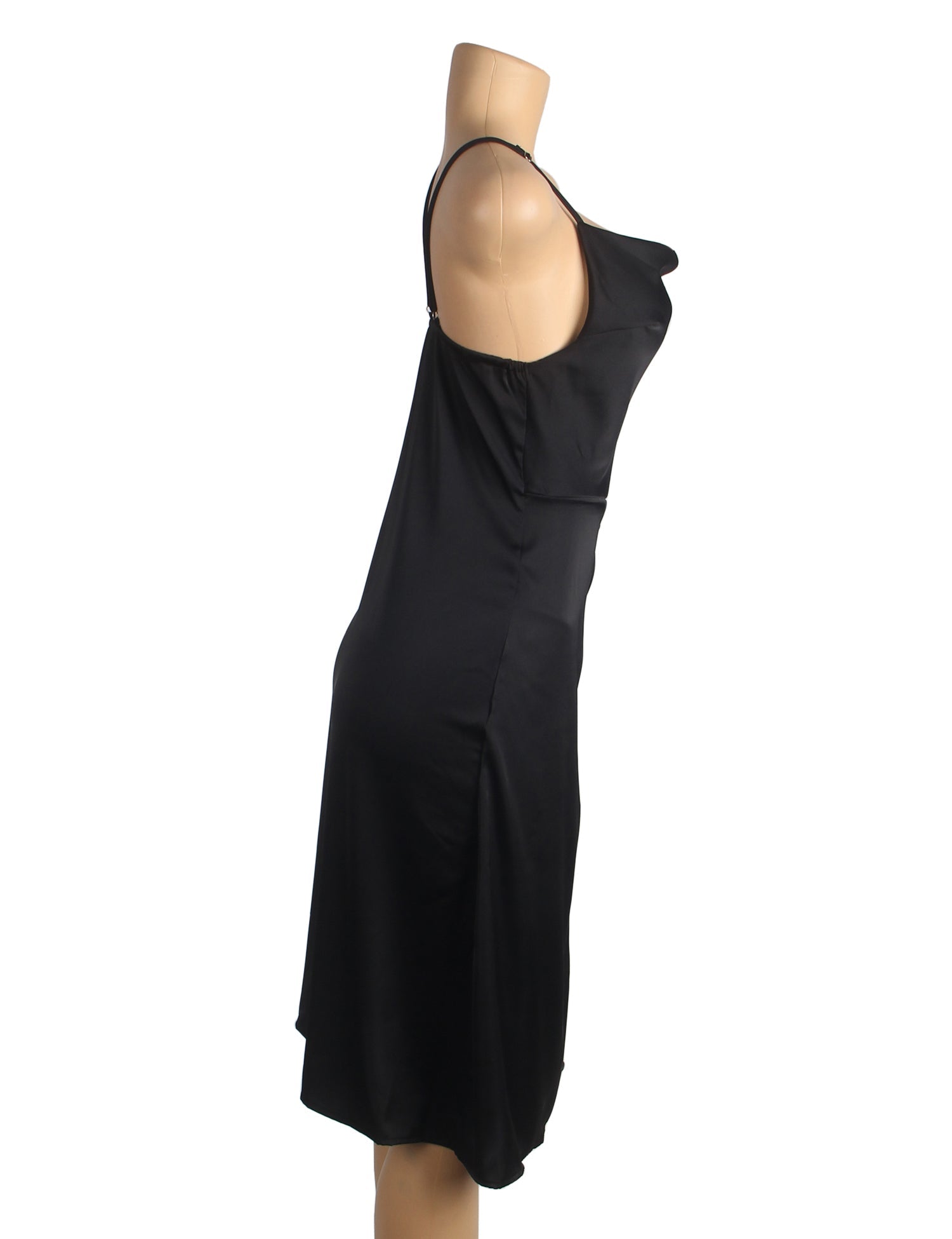 Black Elastic Satin Camisole Dress with Drape Neckline, Hidden Zipper, Open Back & High Lace - Lined Slit - TeaseFashion