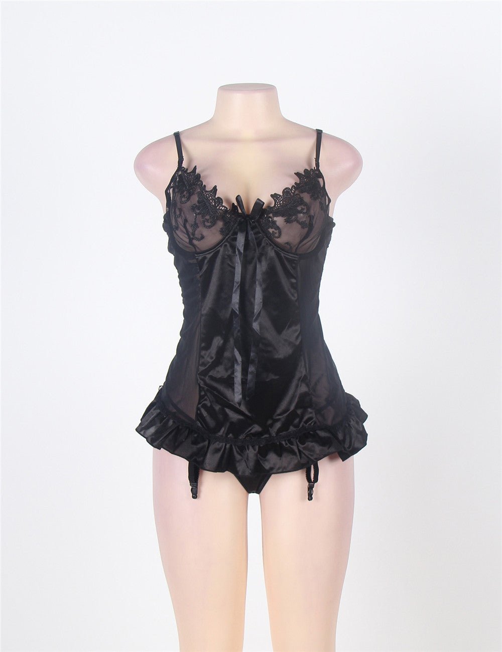 Black Embroidered Babydoll Lingerie Set – Underwire Cups, Criss - Cross Back Straps, Silk & Lace & Ruffled Hem - TeaseFashion